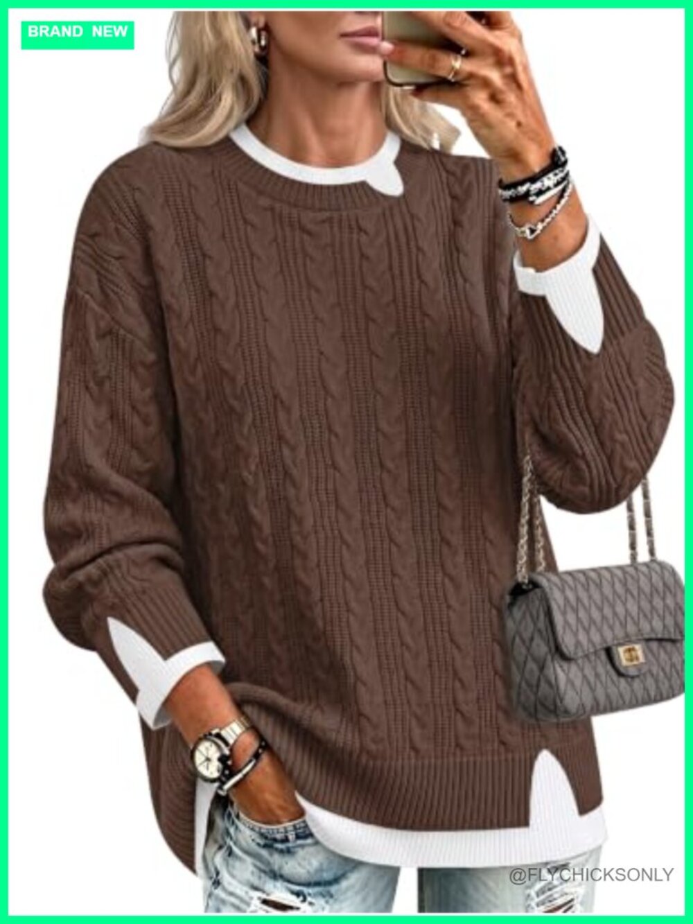 Women's Oversized Cable Knit Pullover Sweater Crew Neck Long Sleeve